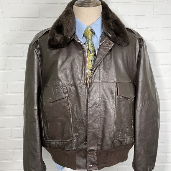 Oakton Limited Jacket Men XL Brown Leather Bomber Removable Fur Collar‎ Pilot - Picture 1 of 14